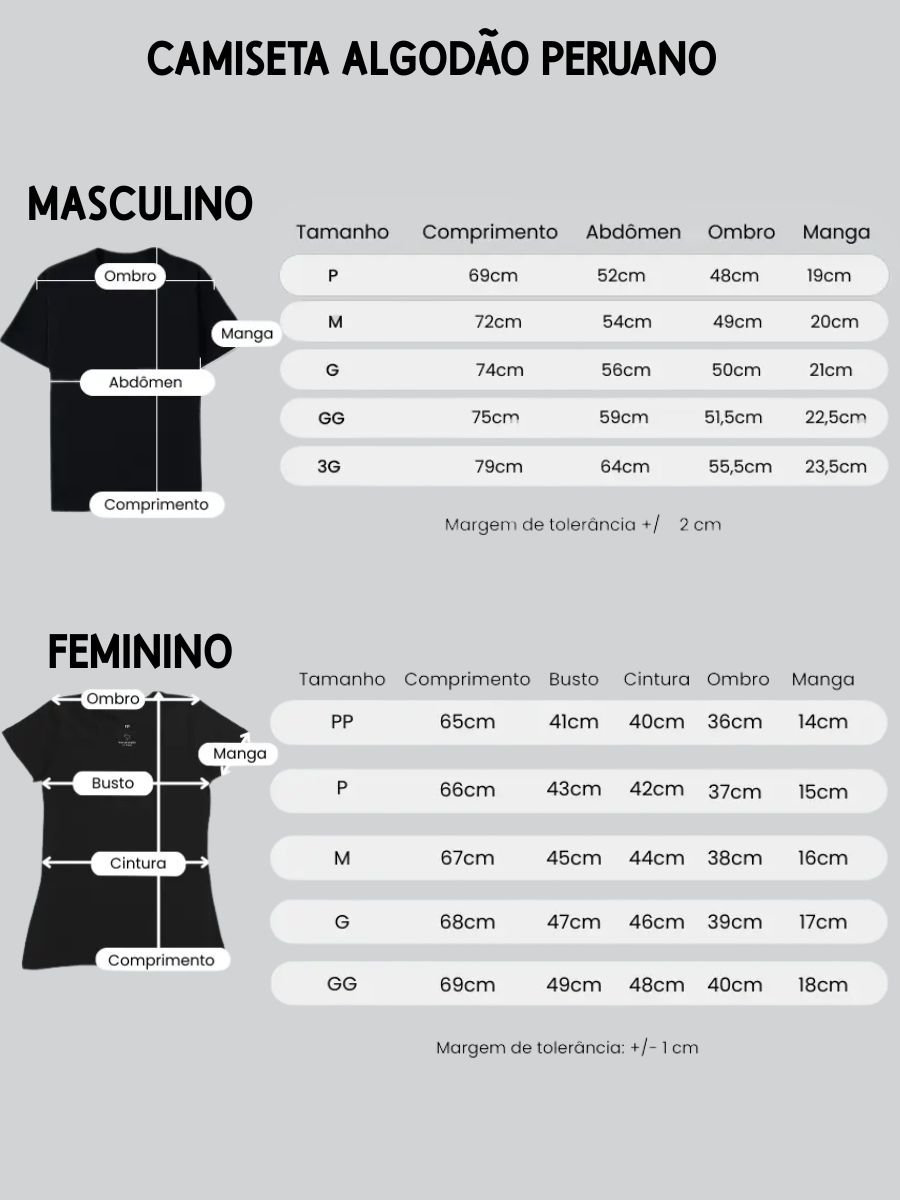 Tabela de medidas para CAMISETA ALGODÃO PERUANO