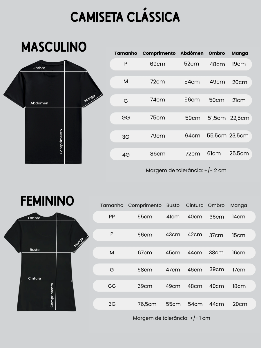 Tabela de medidas para CAMISETA CLÁSSICA