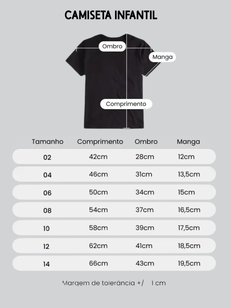 Tabela de medidas para CAMISETA INFANTIL