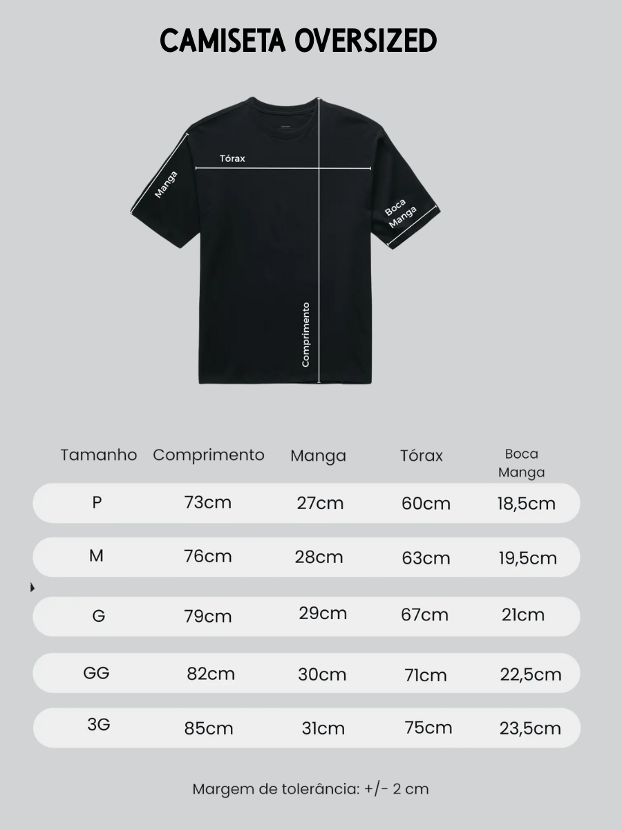 Tabela de medidas para CAMISETA OVERSIZED