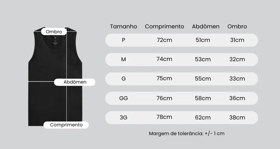 Tabela de medidas para CAMISETA REGATA