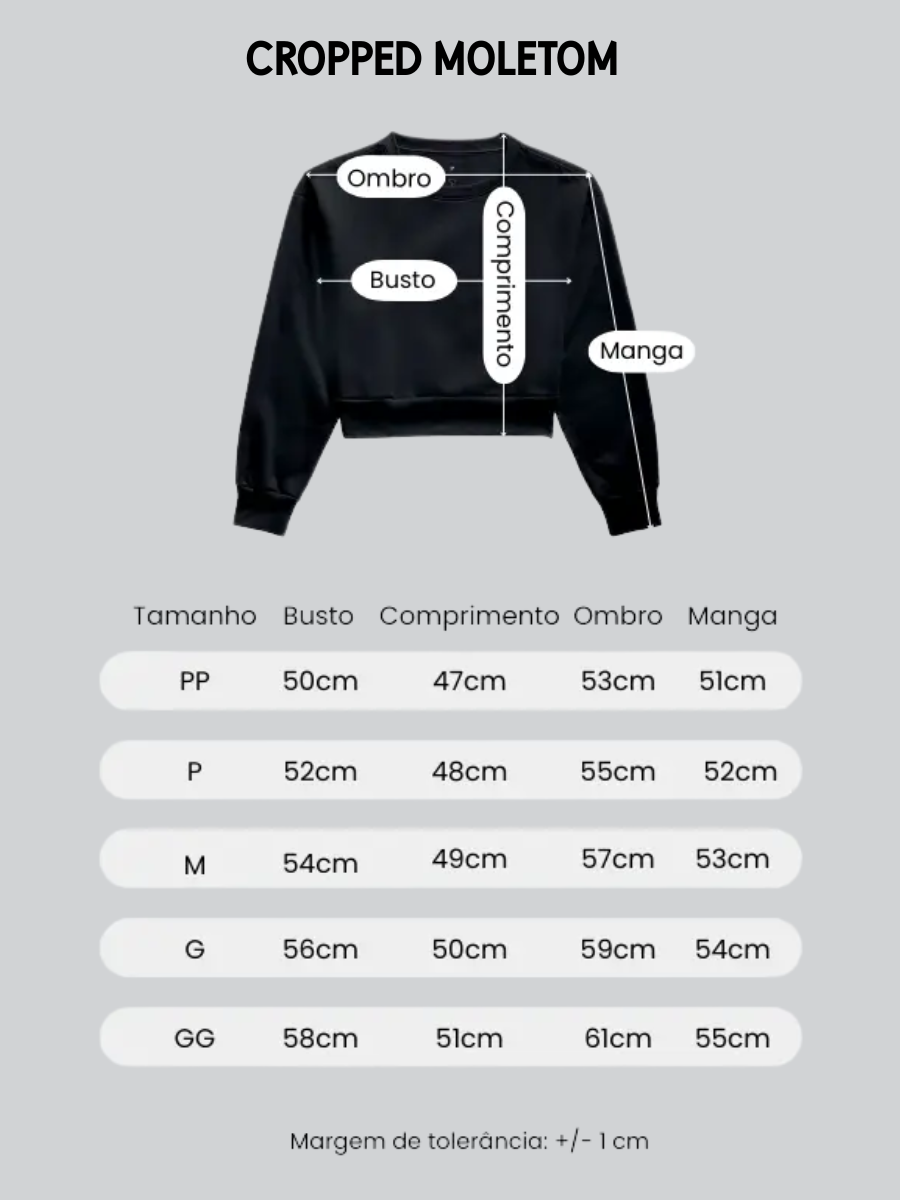 Tabela de medidas para MOLETOM CROPPED